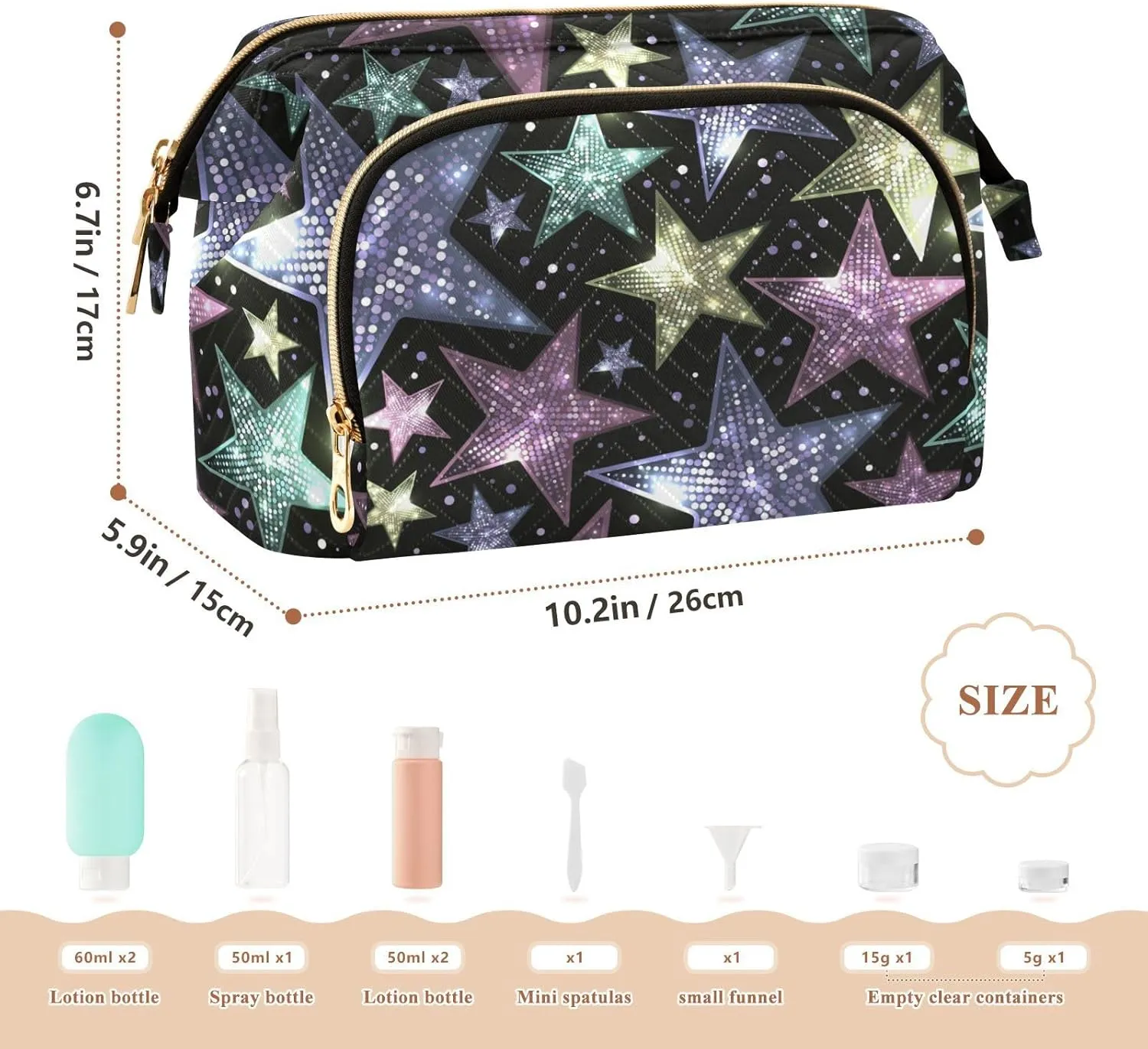 Women Wave Quilt Cosmetic Bag, Storage Pouch Handbag Makeup Case Zipper Toiletry Purse Holder Organizer 10.2x5.9x6.7 in Shiny Sparkles and Sequins in the Form of Stars on a Dark