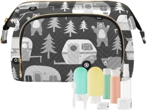 Women Wave Quilt Cosmetic Bag, Storage Pouch Handbag Makeup Case Zipper Toiletry Purse Holder Organizer 10.2x5.9x6.7 in Vintage Retro Camping Cars Hamper Bears Forest Trees on Dark