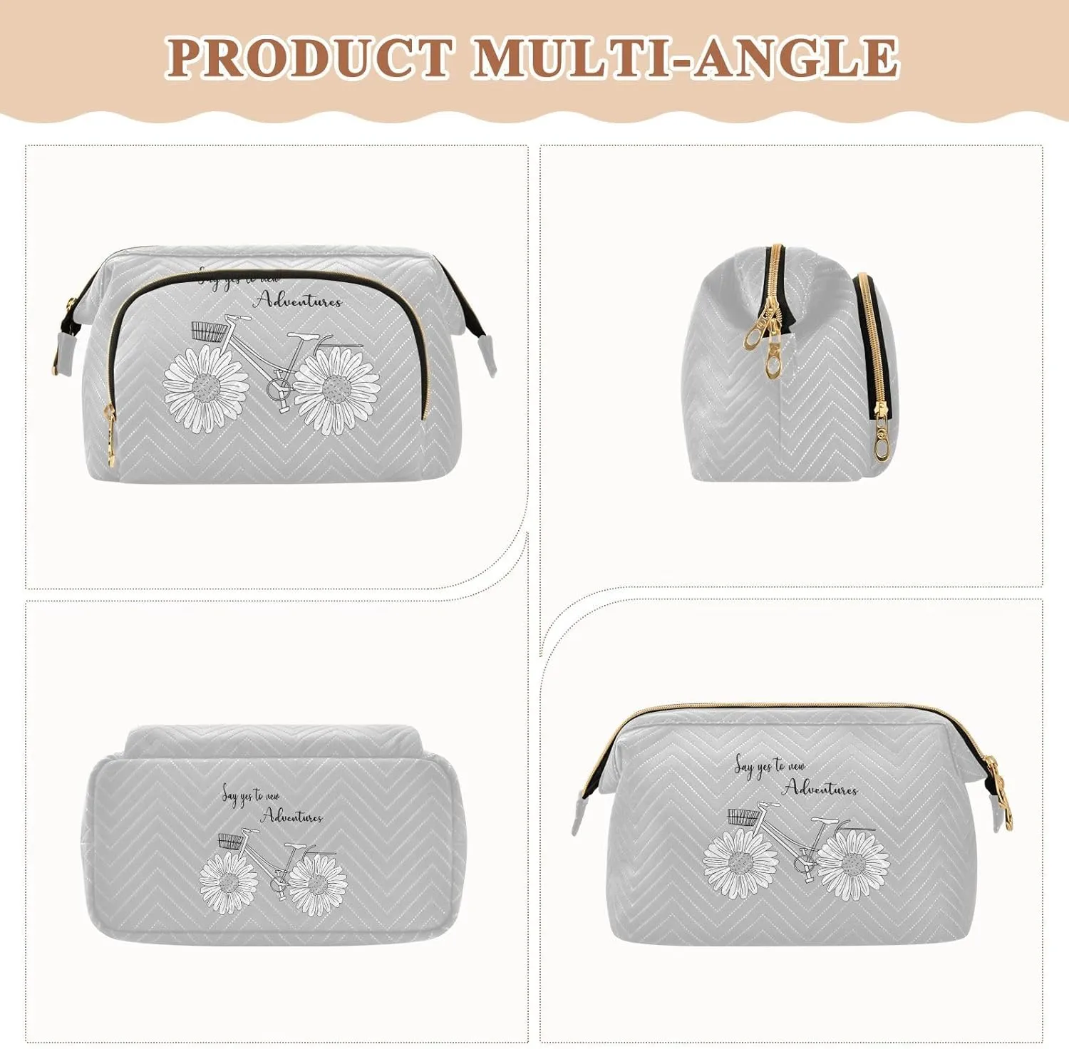 Women Wave Quilt Cosmetic Bag, Storage Pouch Handbag Makeup Case Zipper Toiletry Purse Holder Organizer 10.2x5.9x6.7 in White Daisy Flower with Quotes Say Yes to New Adventure on Grey