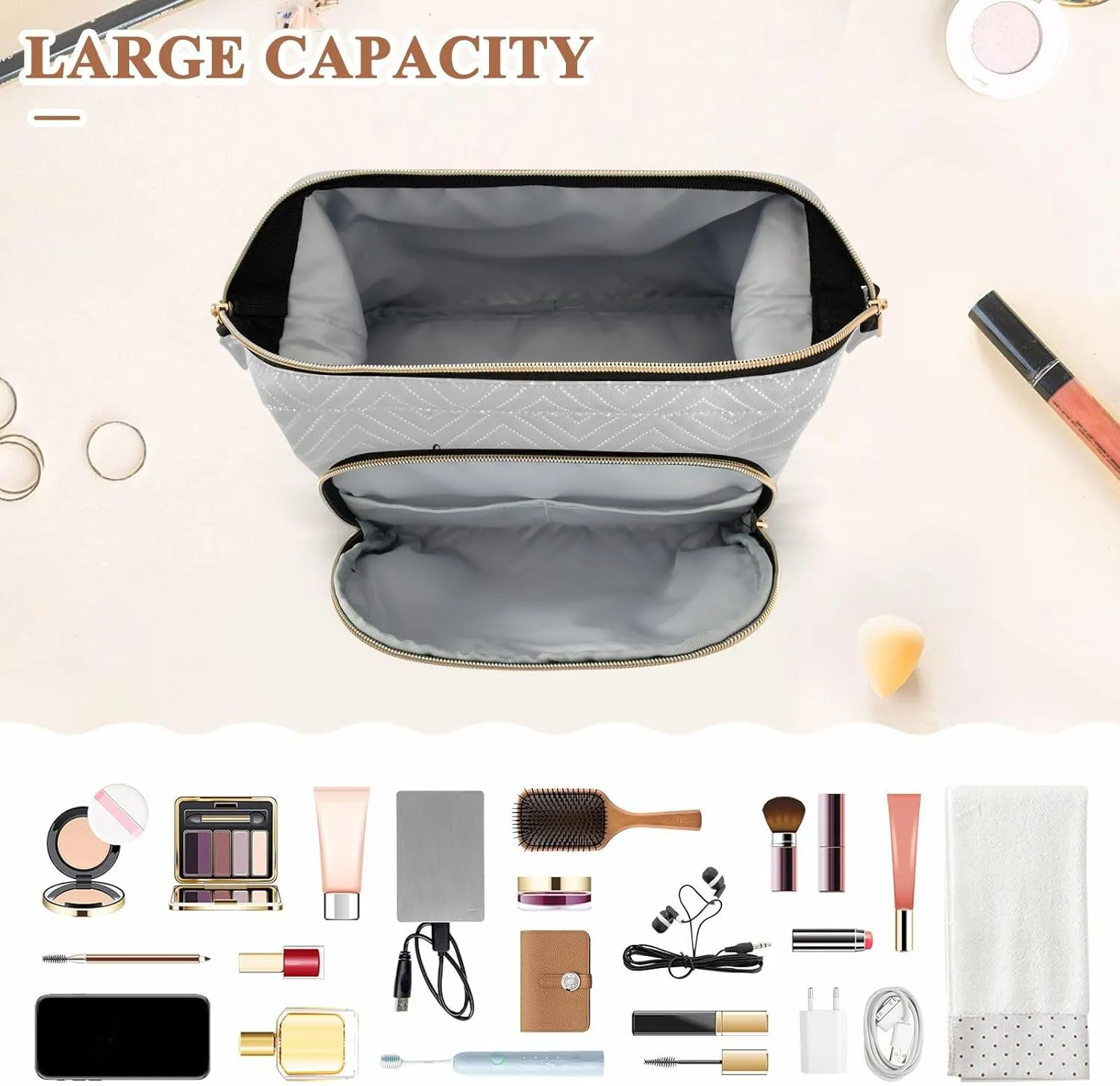 Women Wave Quilt Cosmetic Bag, Storage Pouch Handbag Makeup Case Zipper Toiletry Purse Holder Organizer 10.2x5.9x6.7 in White Daisy Flower with Quotes Say Yes to New Adventure on Grey