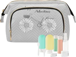 Women Wave Quilt Cosmetic Bag, Storage Pouch Handbag Makeup Case Zipper Toiletry Purse Holder Organizer 10.2x5.9x6.7 in White Daisy Flower with Quotes Say Yes to New Adventure on Grey
