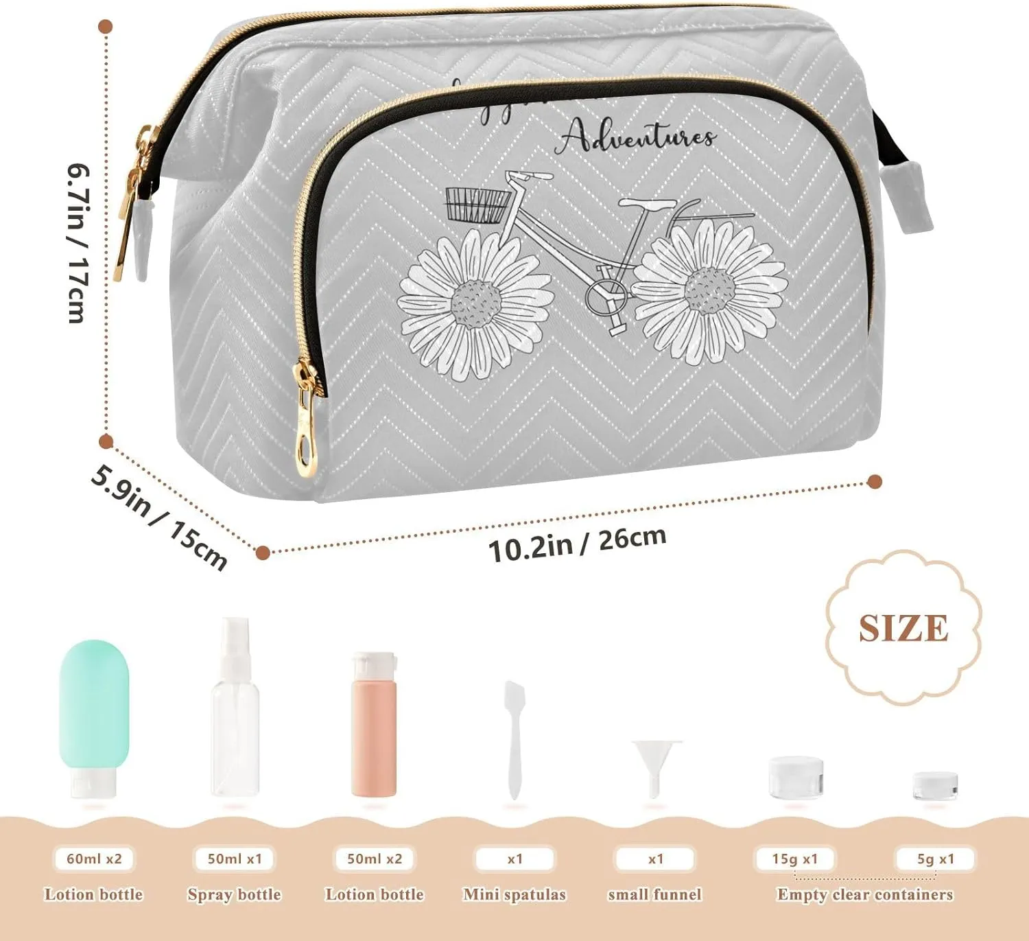 Women Wave Quilt Cosmetic Bag, Storage Pouch Handbag Makeup Case Zipper Toiletry Purse Holder Organizer 10.2x5.9x6.7 in White Daisy Flower with Quotes Say Yes to New Adventure on Grey