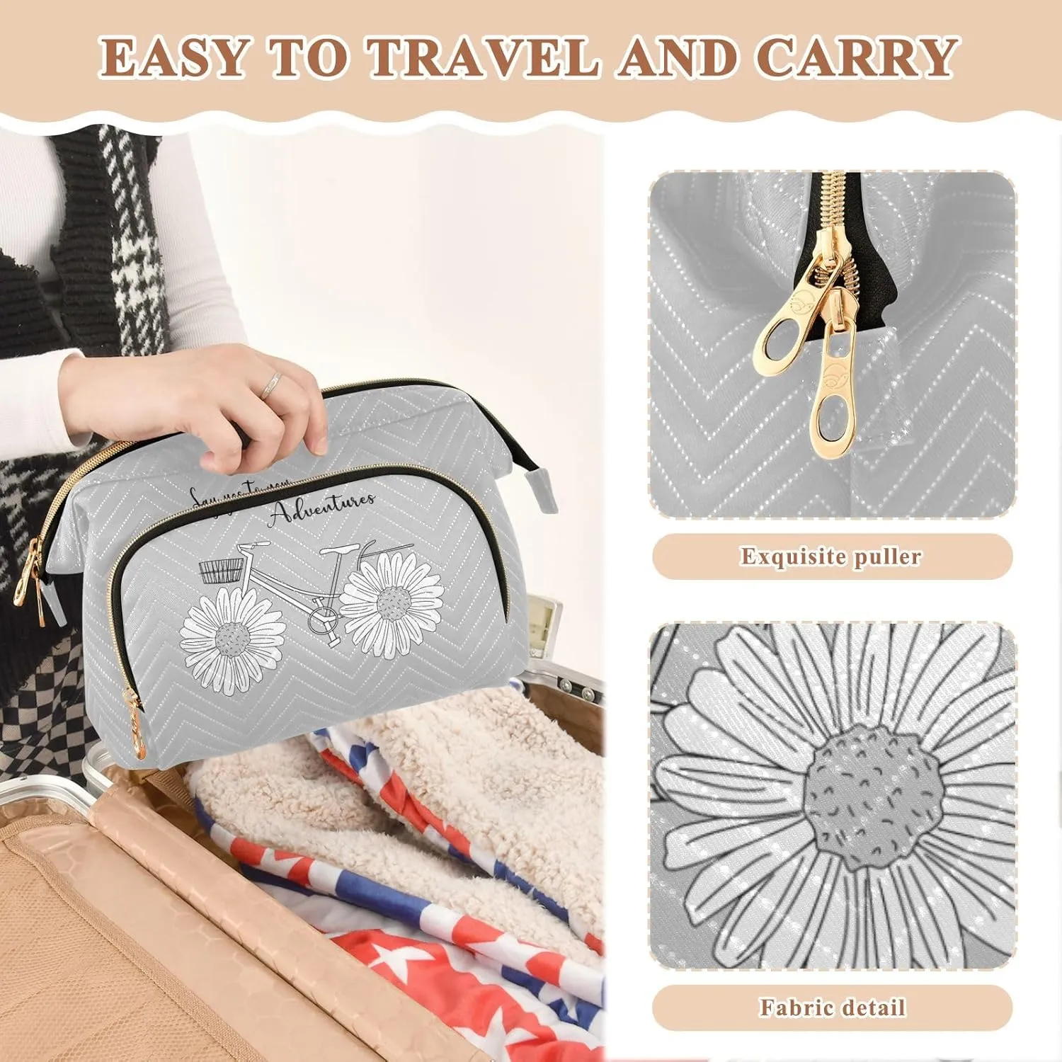 Women Wave Quilt Cosmetic Bag, Storage Pouch Handbag Makeup Case Zipper Toiletry Purse Holder Organizer 10.2x5.9x6.7 in White Daisy Flower with Quotes Say Yes to New Adventure on Grey