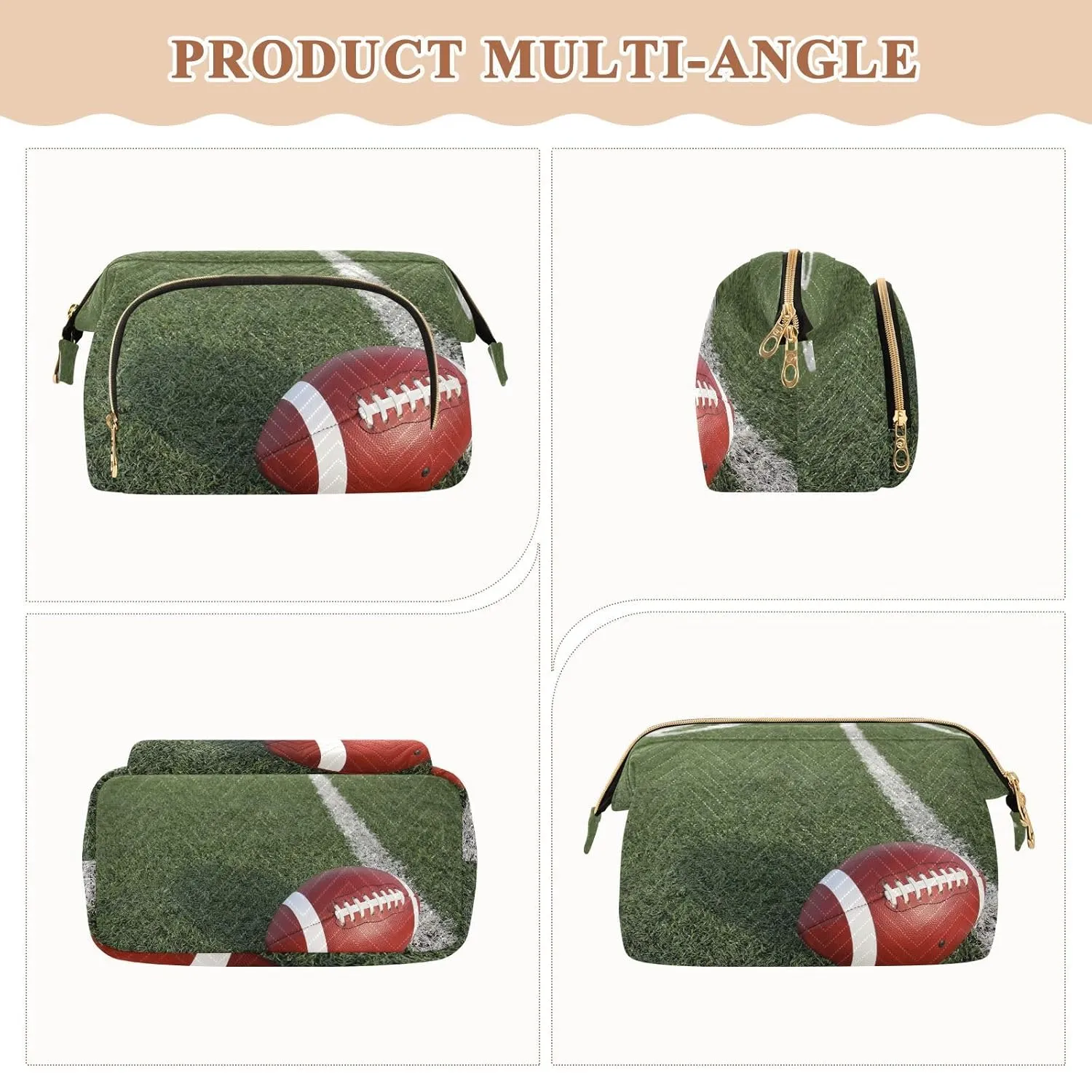 Women Wave Quilt Cosmetic Bag, Zipper Toiletry Storage 10.2x5.9x6.7 in, Pouch Handbag Makeup Case Purse Holder Organizer American Football on Green Field