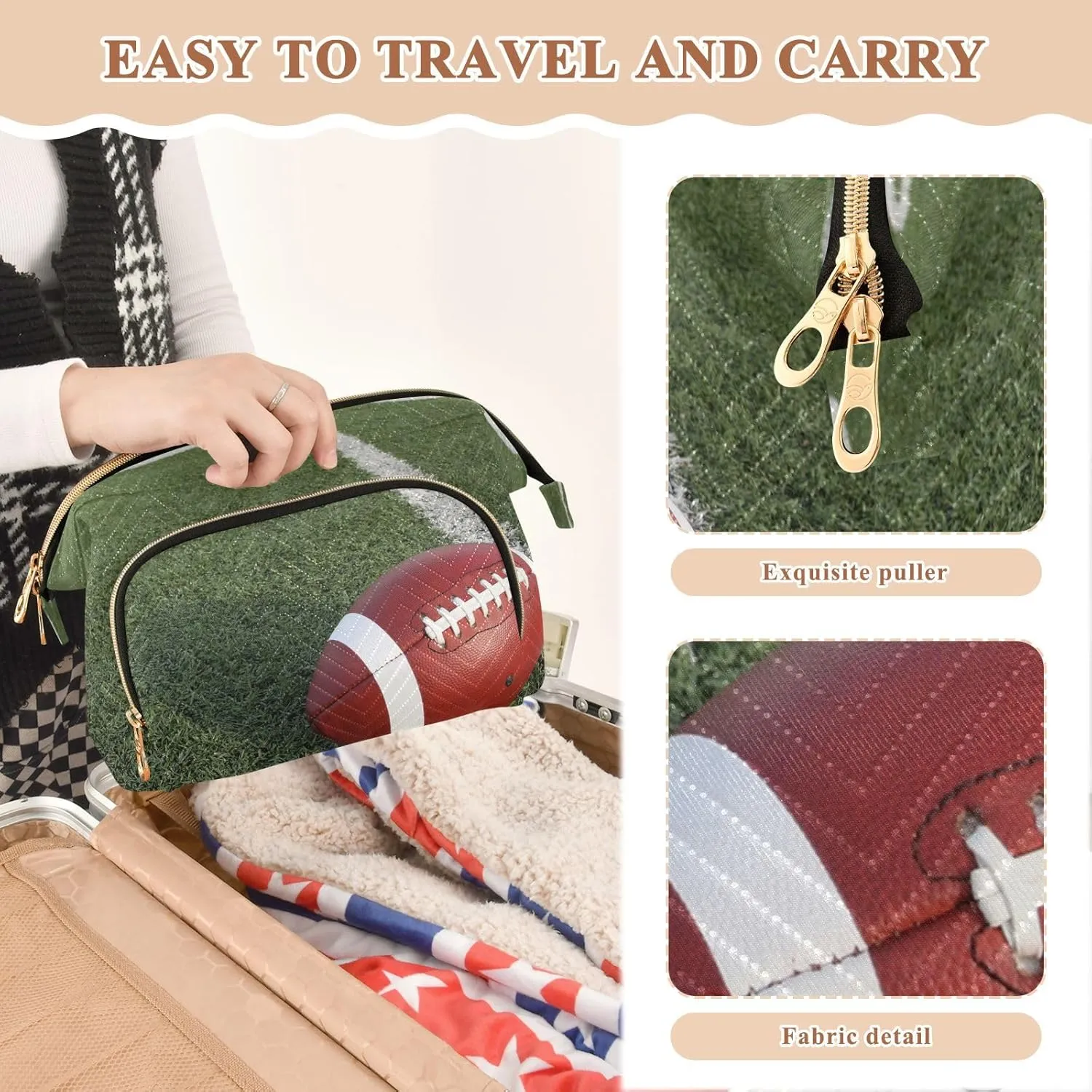 Women Wave Quilt Cosmetic Bag, Zipper Toiletry Storage 10.2x5.9x6.7 in, Pouch Handbag Makeup Case Purse Holder Organizer American Football on Green Field