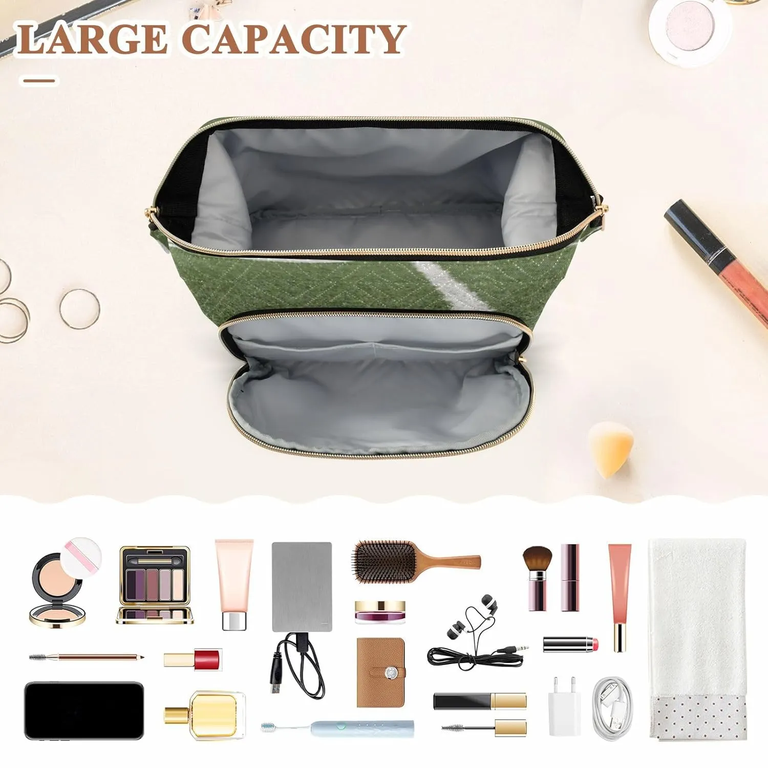 Women Wave Quilt Cosmetic Bag, Zipper Toiletry Storage 10.2x5.9x6.7 in, Pouch Handbag Makeup Case Purse Holder Organizer American Football on Green Field