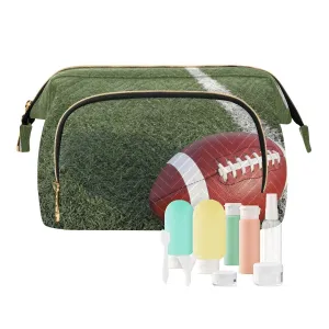 Women Wave Quilt Cosmetic Bag, Zipper Toiletry Storage 10.2x5.9x6.7 in, Pouch Handbag Makeup Case Purse Holder Organizer American Football on Green Field