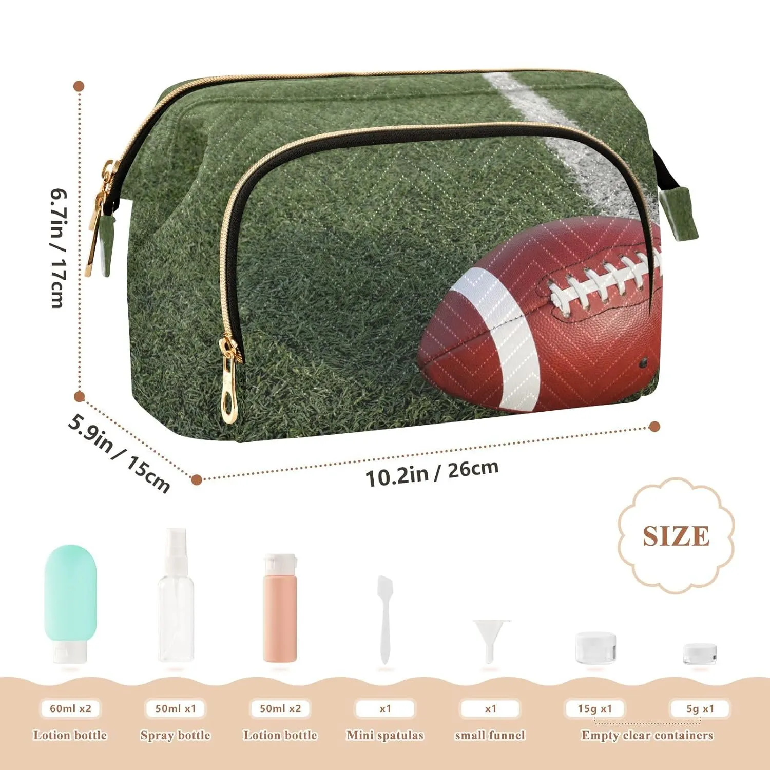 Women Wave Quilt Cosmetic Bag, Zipper Toiletry Storage 10.2x5.9x6.7 in, Pouch Handbag Makeup Case Purse Holder Organizer American Football on Green Field