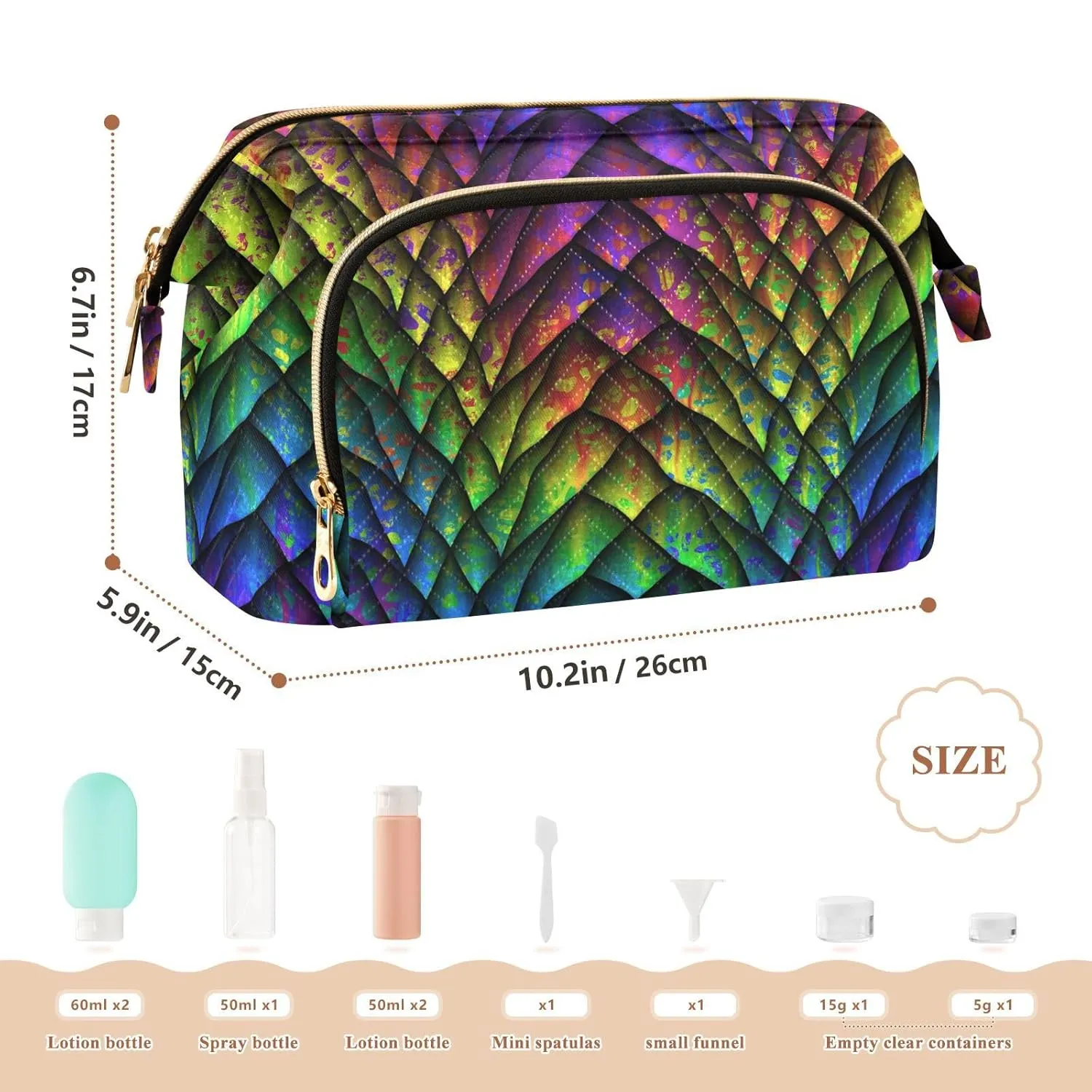 Women Wave Quilt Cosmetic Bag, Zipper Toiletry Storage 10.2x5.9x6.7 in, Pouch Handbag Makeup Case Purse Holder Organizer Print Colorful Dragon Scales Texture Reptile Animal Skin