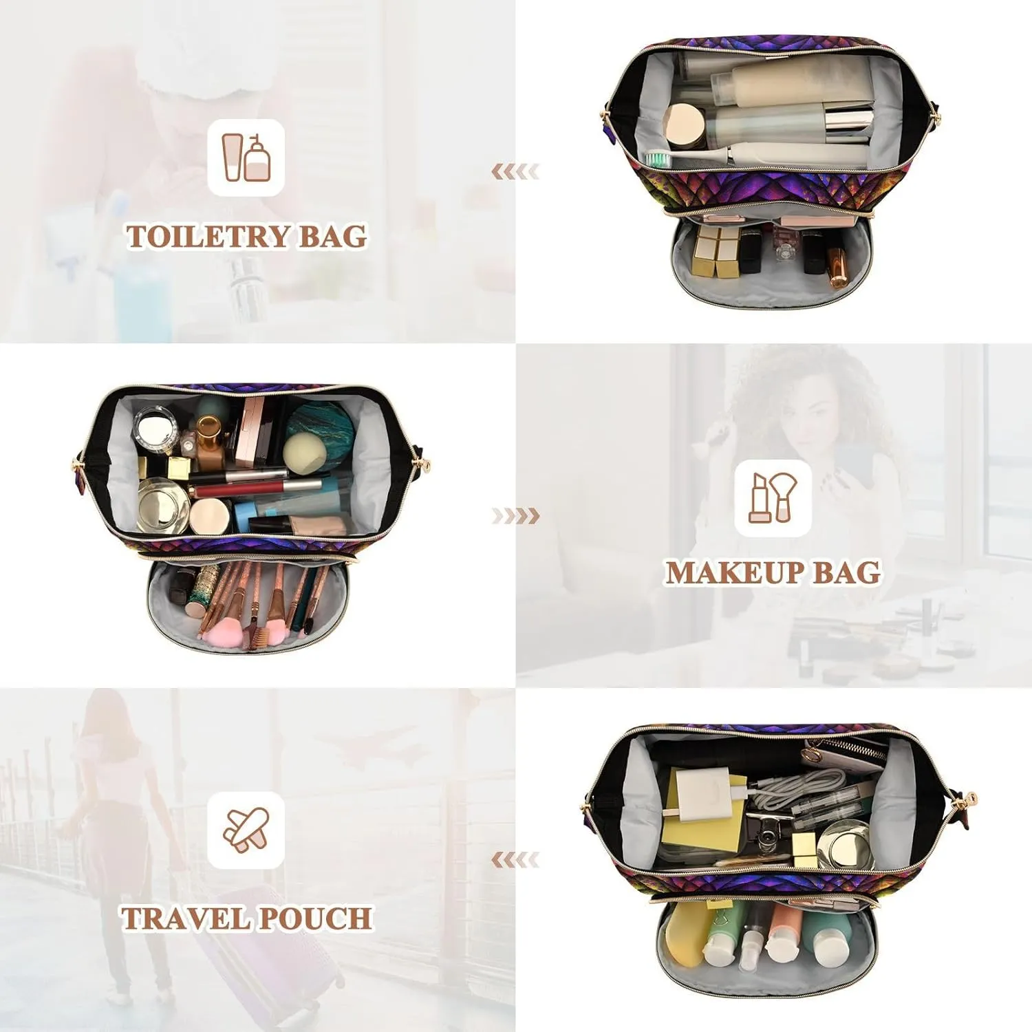 Women Wave Quilt Cosmetic Bag, Zipper Toiletry Storage 10.2x5.9x6.7 in, Pouch Handbag Makeup Case Purse Holder Organizer Print Colorful Dragon Scales Texture Reptile Animal Skin