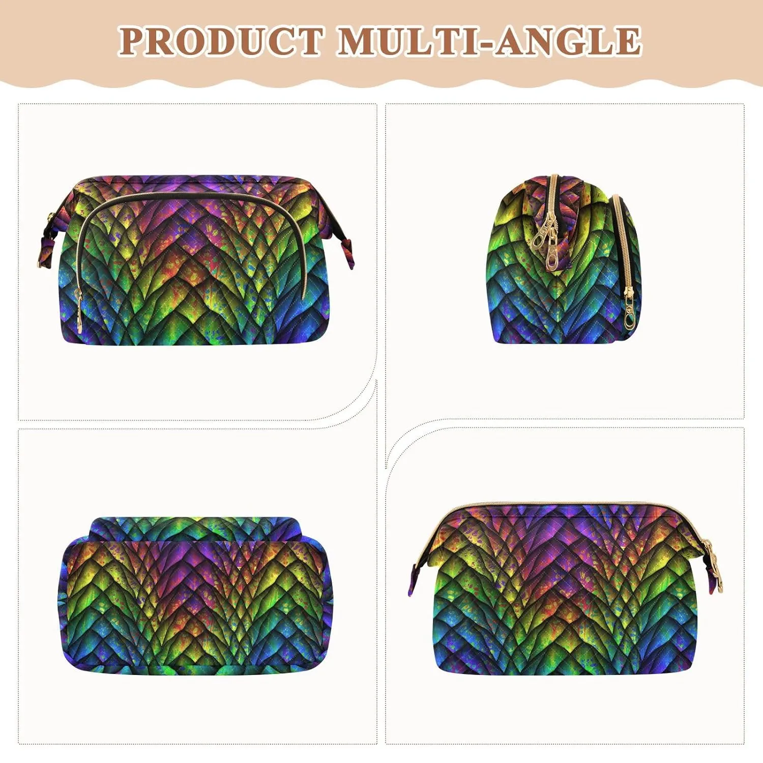Women Wave Quilt Cosmetic Bag, Zipper Toiletry Storage 10.2x5.9x6.7 in, Pouch Handbag Makeup Case Purse Holder Organizer Print Colorful Dragon Scales Texture Reptile Animal Skin