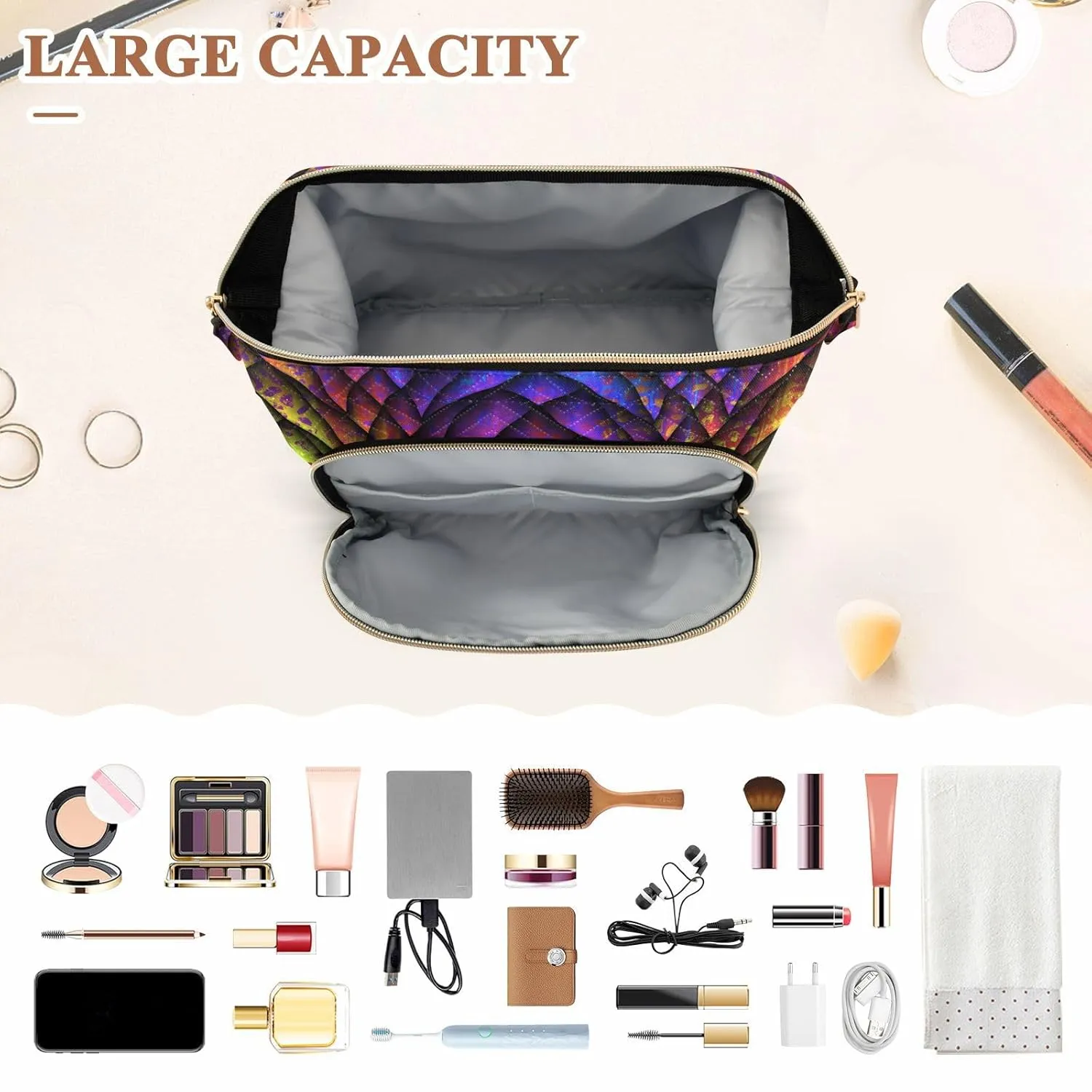 Women Wave Quilt Cosmetic Bag, Zipper Toiletry Storage 10.2x5.9x6.7 in, Pouch Handbag Makeup Case Purse Holder Organizer Print Colorful Dragon Scales Texture Reptile Animal Skin