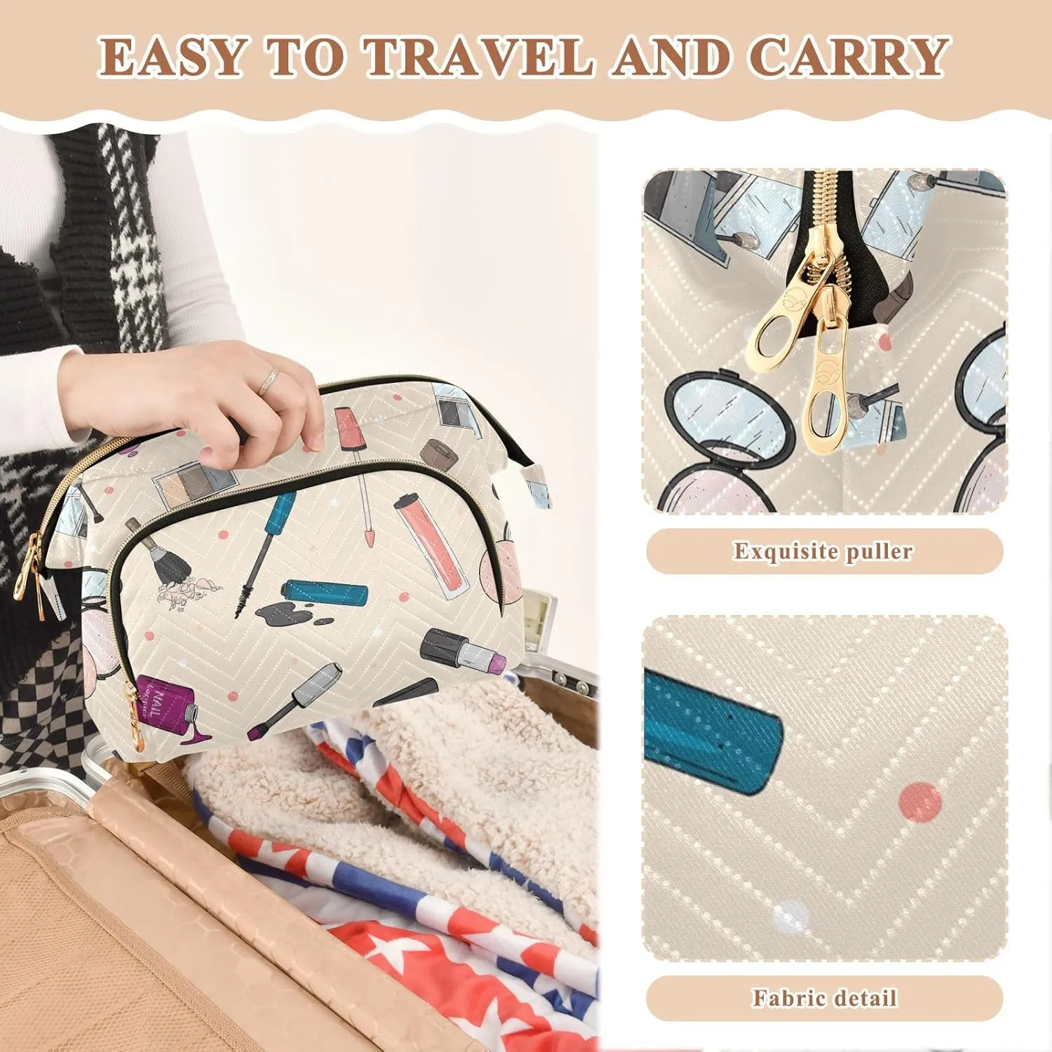 Women Wave Quilt Cosmetic Bag, Zipper Toiletry Storage 10.2x5.9x6.7 in, Pouch Handbag Makeup Case Purse Holder Organizer Print Female Women Cosmetics