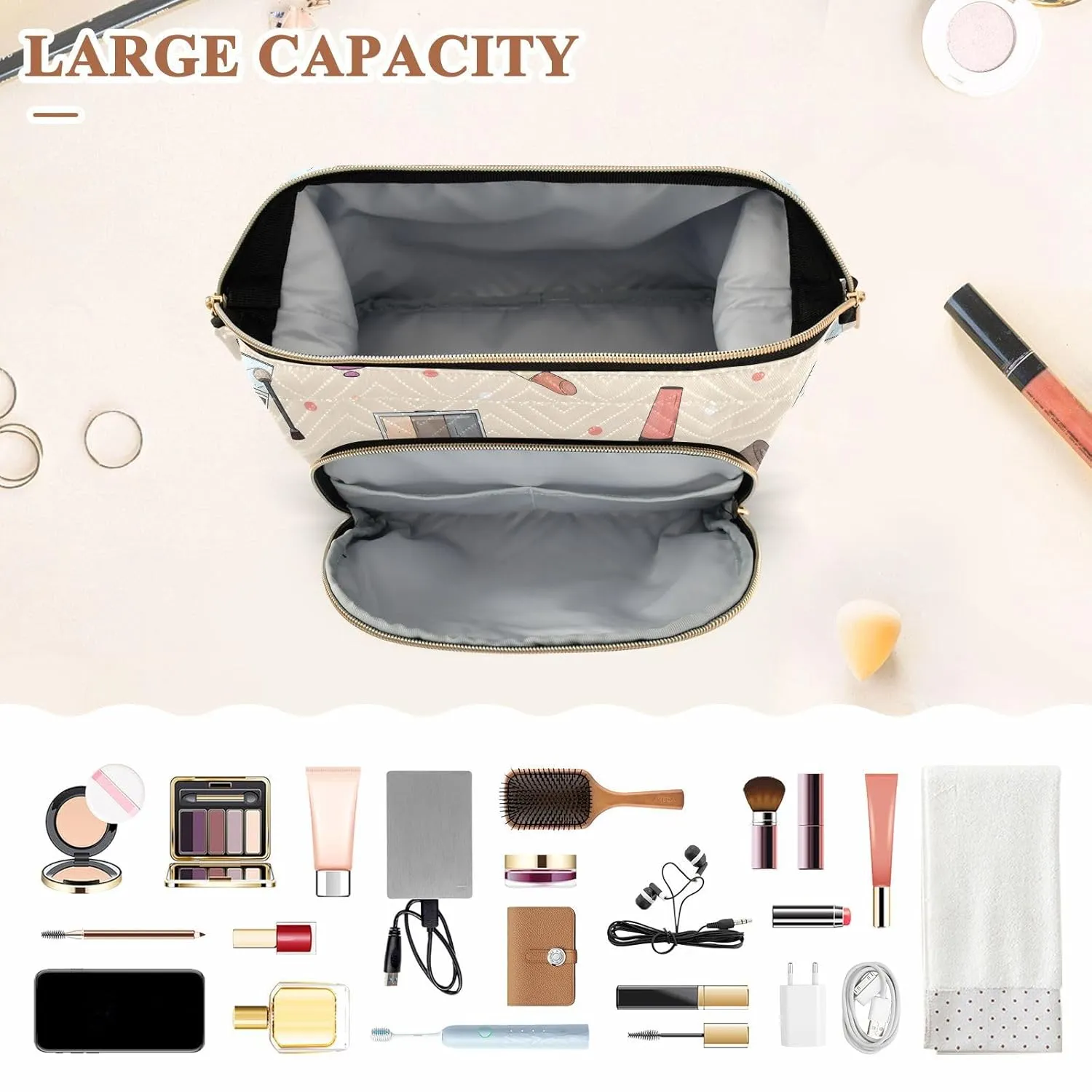 Women Wave Quilt Cosmetic Bag, Zipper Toiletry Storage 10.2x5.9x6.7 in, Pouch Handbag Makeup Case Purse Holder Organizer Print Female Women Cosmetics