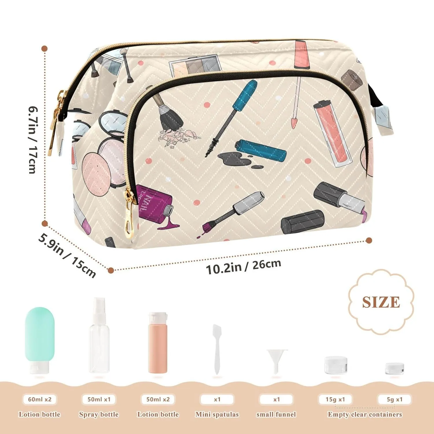 Women Wave Quilt Cosmetic Bag, Zipper Toiletry Storage 10.2x5.9x6.7 in, Pouch Handbag Makeup Case Purse Holder Organizer Print Female Women Cosmetics