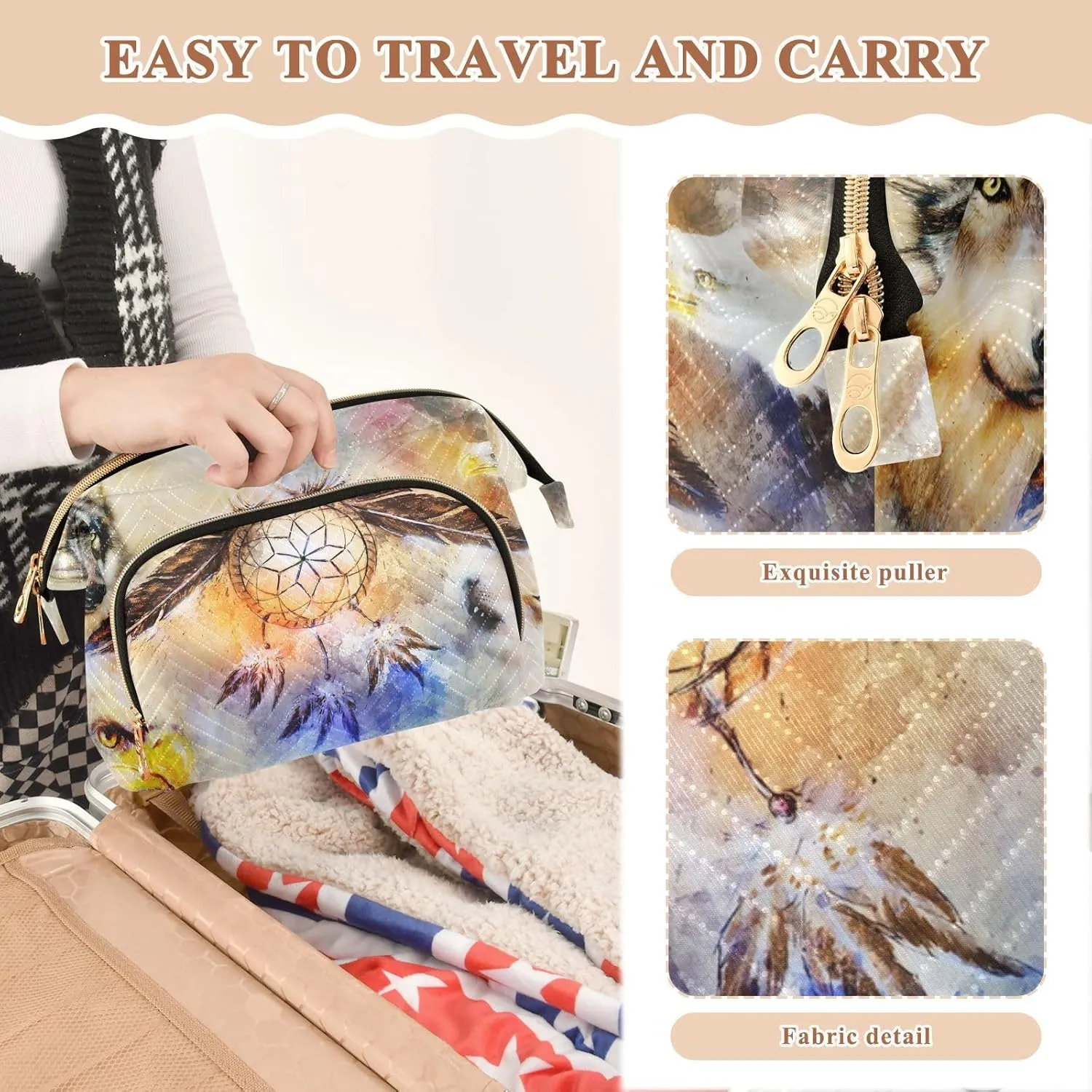 Women Wave Quilt Cosmetic Bag, Zipper Toiletry Storage 10.2x5.9x6.7 in, Pouch Handbag Makeup Case Purse Holder Organizer Print Native American Dream Cather Wolf Eagle Vintage