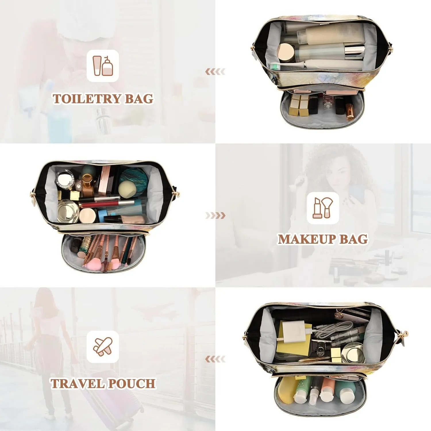 Women Wave Quilt Cosmetic Bag, Zipper Toiletry Storage 10.2x5.9x6.7 in, Pouch Handbag Makeup Case Purse Holder Organizer Print Native American Dream Cather Wolf Eagle Vintage