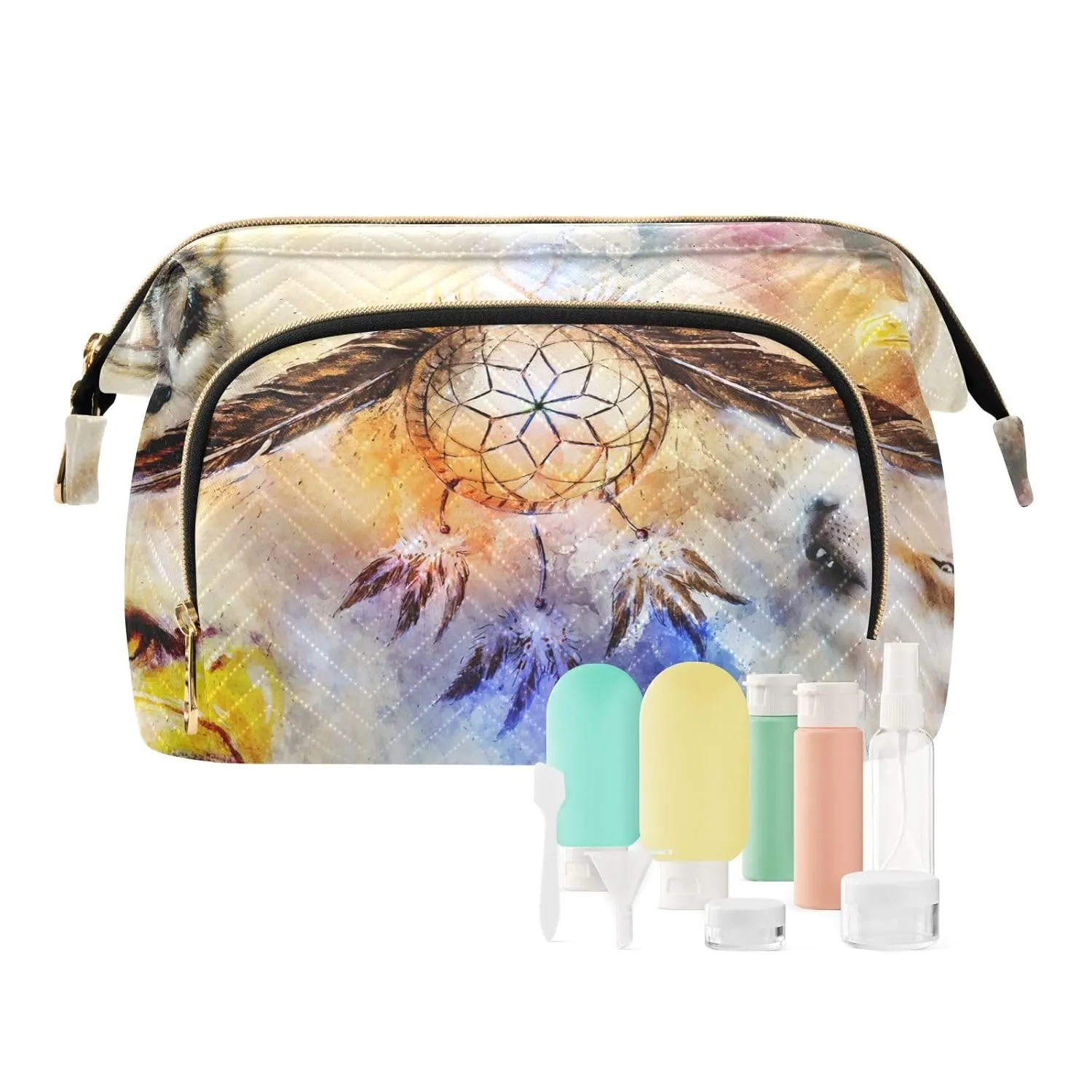 Women Wave Quilt Cosmetic Bag, Zipper Toiletry Storage 10.2x5.9x6.7 in, Pouch Handbag Makeup Case Purse Holder Organizer Print Native American Dream Cather Wolf Eagle Vintage