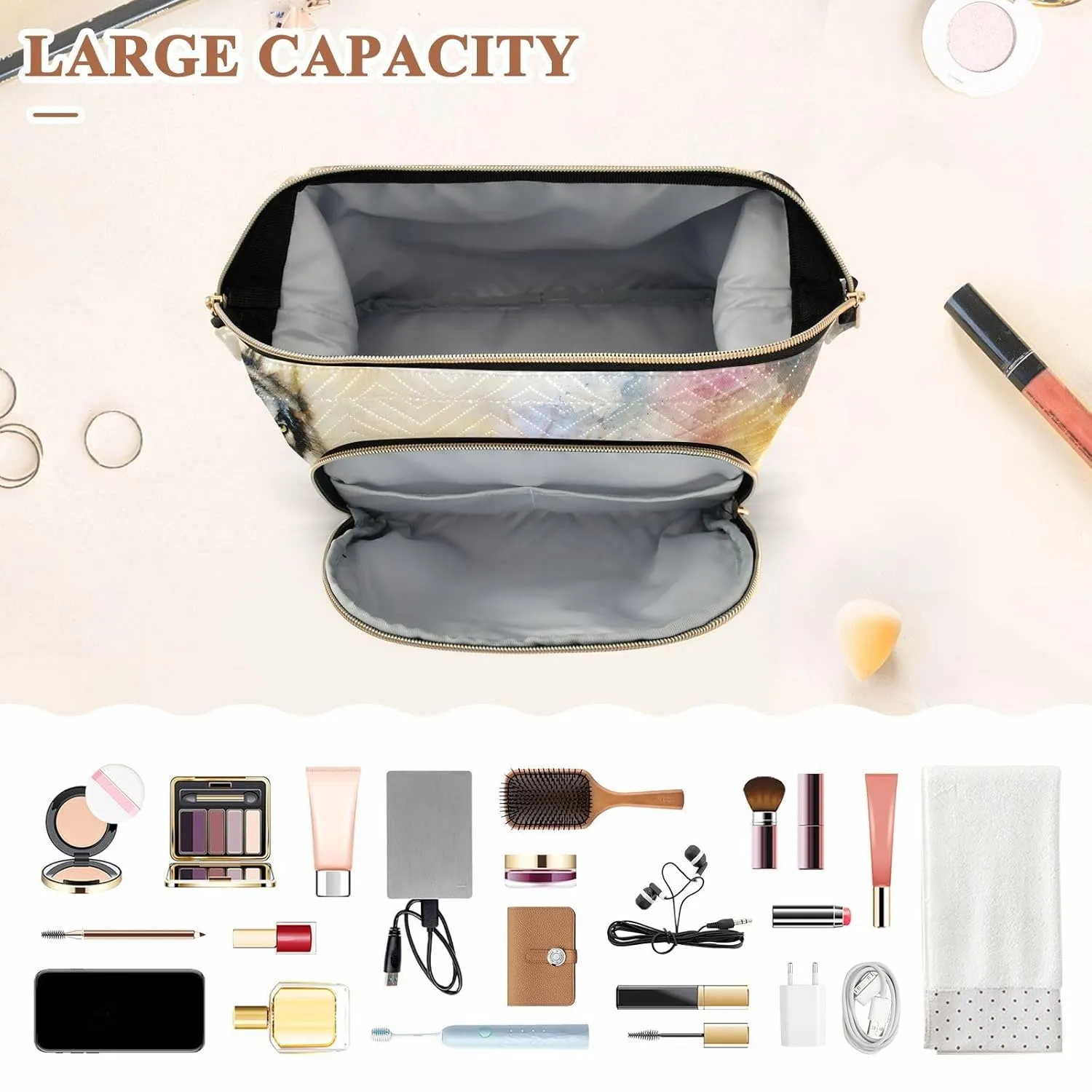 Women Wave Quilt Cosmetic Bag, Zipper Toiletry Storage 10.2x5.9x6.7 in, Pouch Handbag Makeup Case Purse Holder Organizer Print Native American Dream Cather Wolf Eagle Vintage