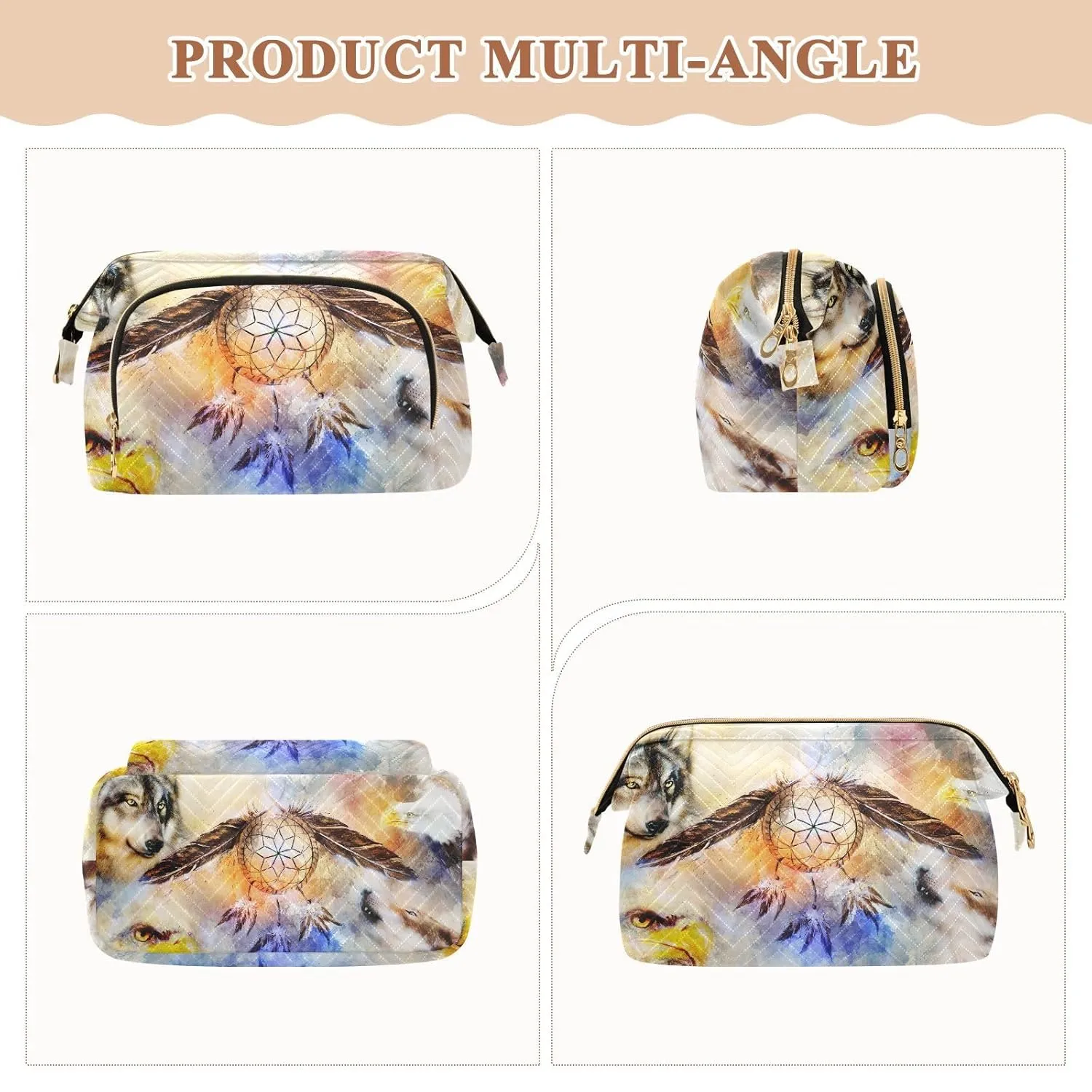 Women Wave Quilt Cosmetic Bag, Zipper Toiletry Storage 10.2x5.9x6.7 in, Pouch Handbag Makeup Case Purse Holder Organizer Print Native American Dream Cather Wolf Eagle Vintage