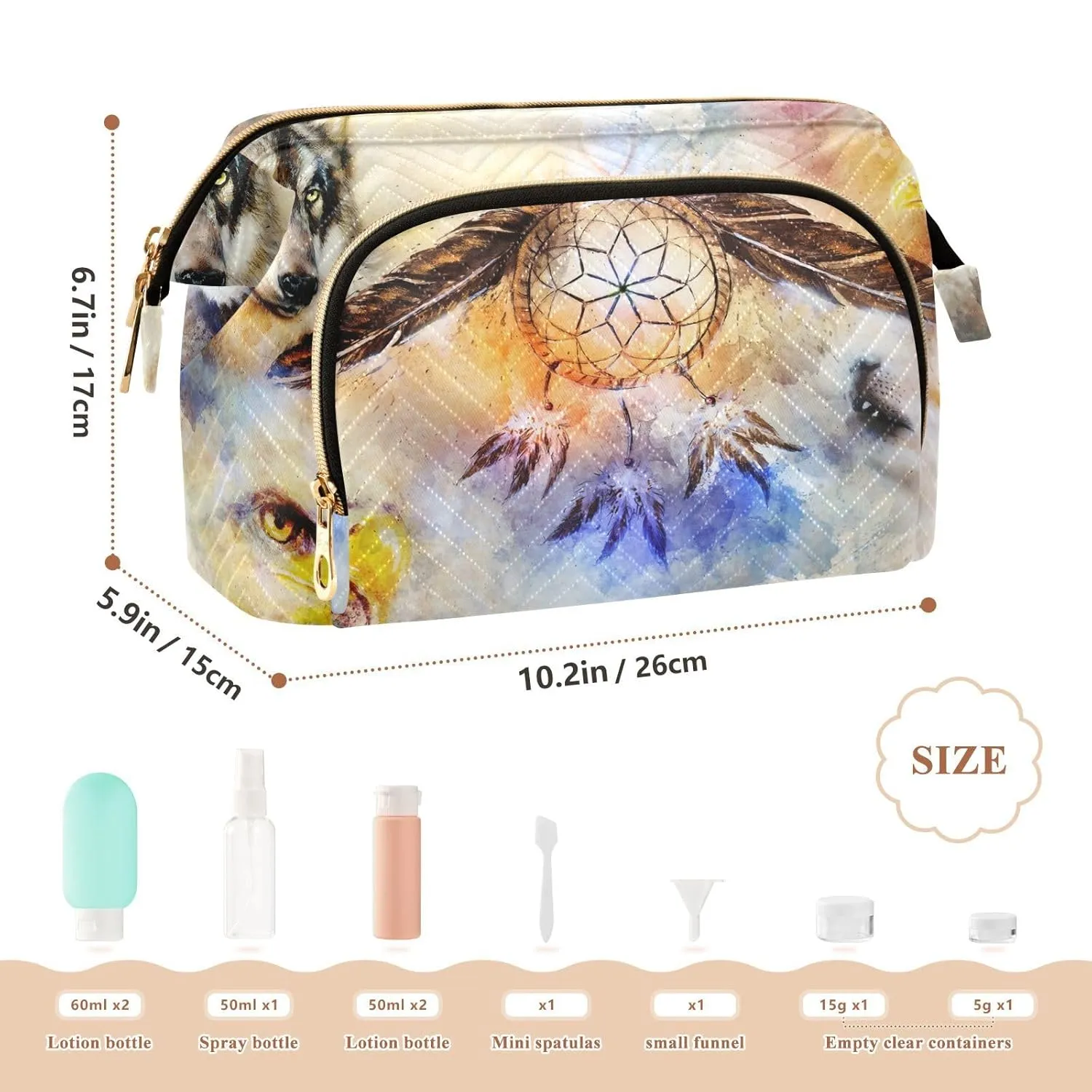 Women Wave Quilt Cosmetic Bag, Zipper Toiletry Storage 10.2x5.9x6.7 in, Pouch Handbag Makeup Case Purse Holder Organizer Print Native American Dream Cather Wolf Eagle Vintage