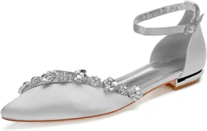 Women's Ankle Strap Wedding Shoes Satin Rhinestone Pointed Toe Flats for Bride