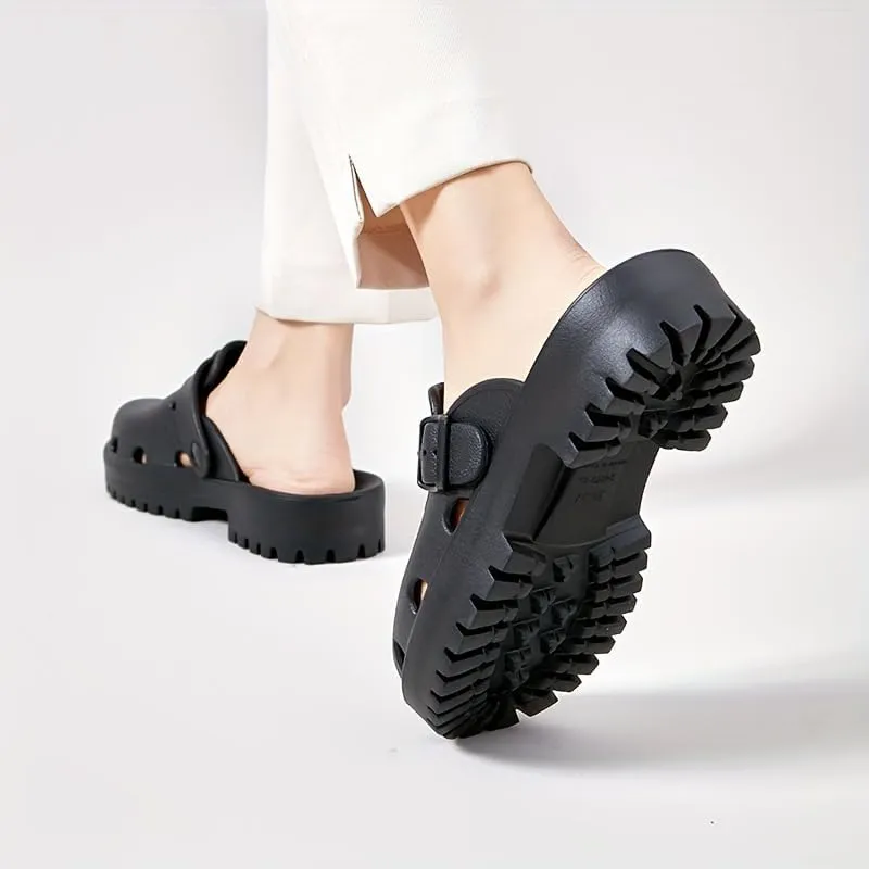 Women's Arch Support Clogs, Solid Color Hollow Out Anti-Slip Garden Shoes, Casual Outdoor Summer Slide Shoes