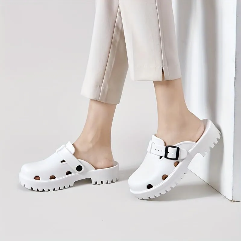 Women's Arch Support Clogs, Solid Color Hollow Out Anti-Slip Garden Shoes, Casual Outdoor Summer Slide Shoes