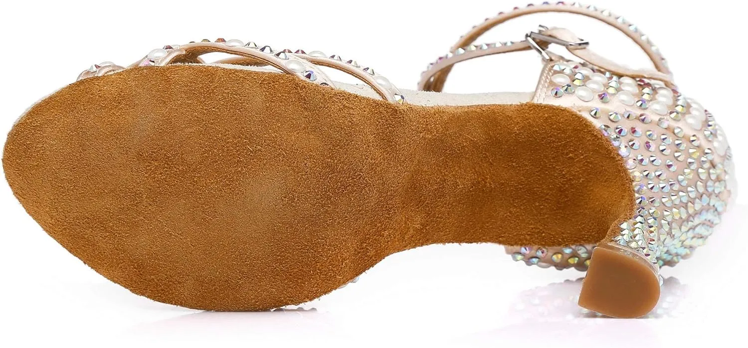 Womens Beaded Latin Salsa Dancing Shoes Ankle Strap Wedding Evening Sandals
