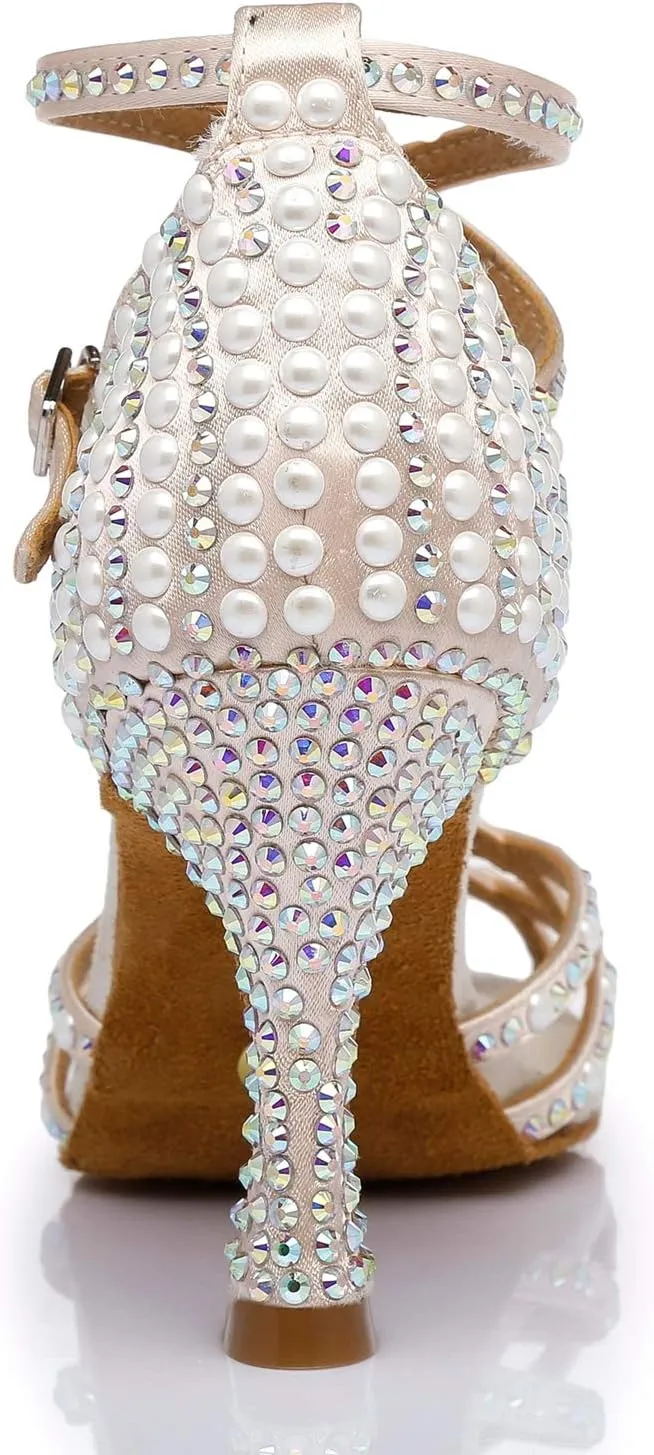 Womens Beaded Latin Salsa Dancing Shoes Ankle Strap Wedding Evening Sandals