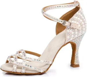 Womens Beaded Latin Salsa Dancing Shoes Ankle Strap Wedding Evening Sandals