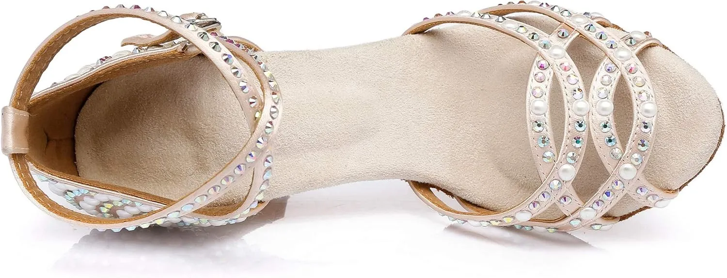 Womens Beaded Latin Salsa Dancing Shoes Ankle Strap Wedding Evening Sandals
