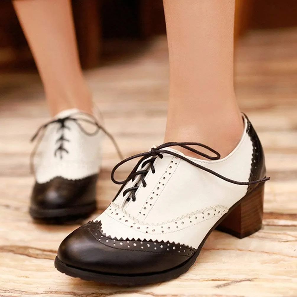 Womens Brogue Oxfords Chunky Block Heel Lace Up Pumps Vintage Dress Shoes