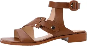 Womens Buckle Strap Back Strap Square Heel Open Side Vamp Gladiator Sandals Cow Leather Low Heel Casual Metal Buckle Summer Sandals