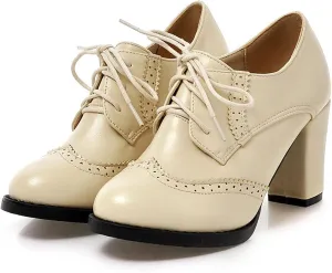 Women's Chunky Block Heels Oxfords Vintage Wingtip Brogues Round Toe Lace-up Pumps High Heeled Booties Dress Shoes