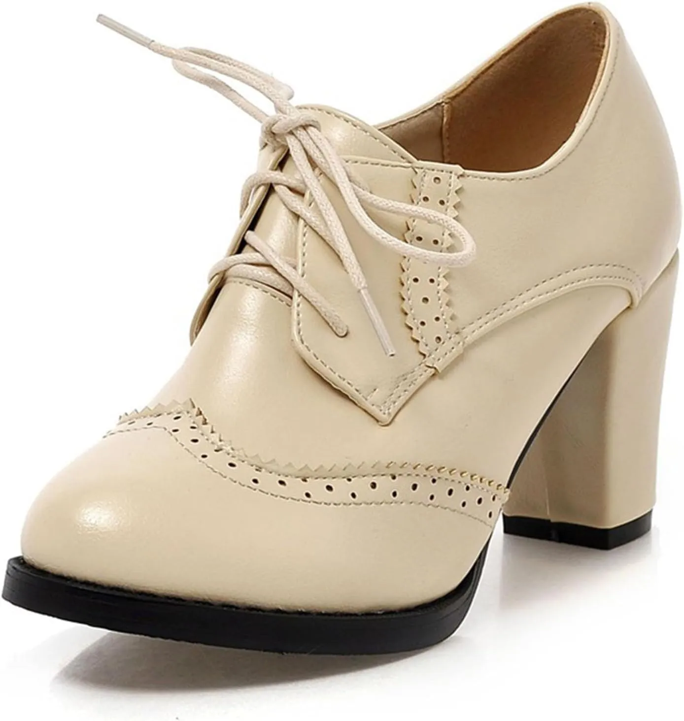 Women's Chunky Block Heels Oxfords Vintage Wingtip Brogues Round Toe Lace-up Pumps High Heeled Booties Dress Shoes