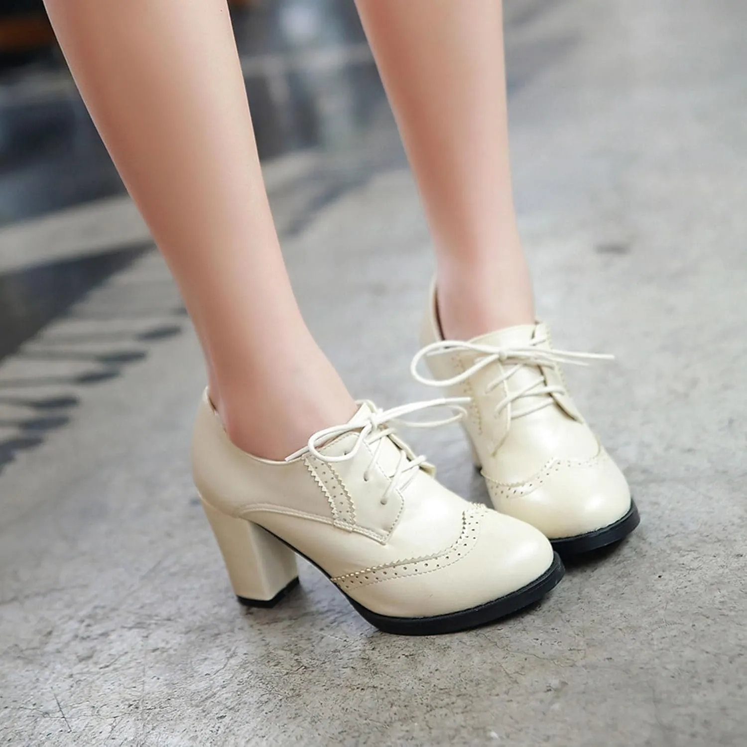 Women's Chunky Block Heels Oxfords Vintage Wingtip Brogues Round Toe Lace-up Pumps High Heeled Booties Dress Shoes