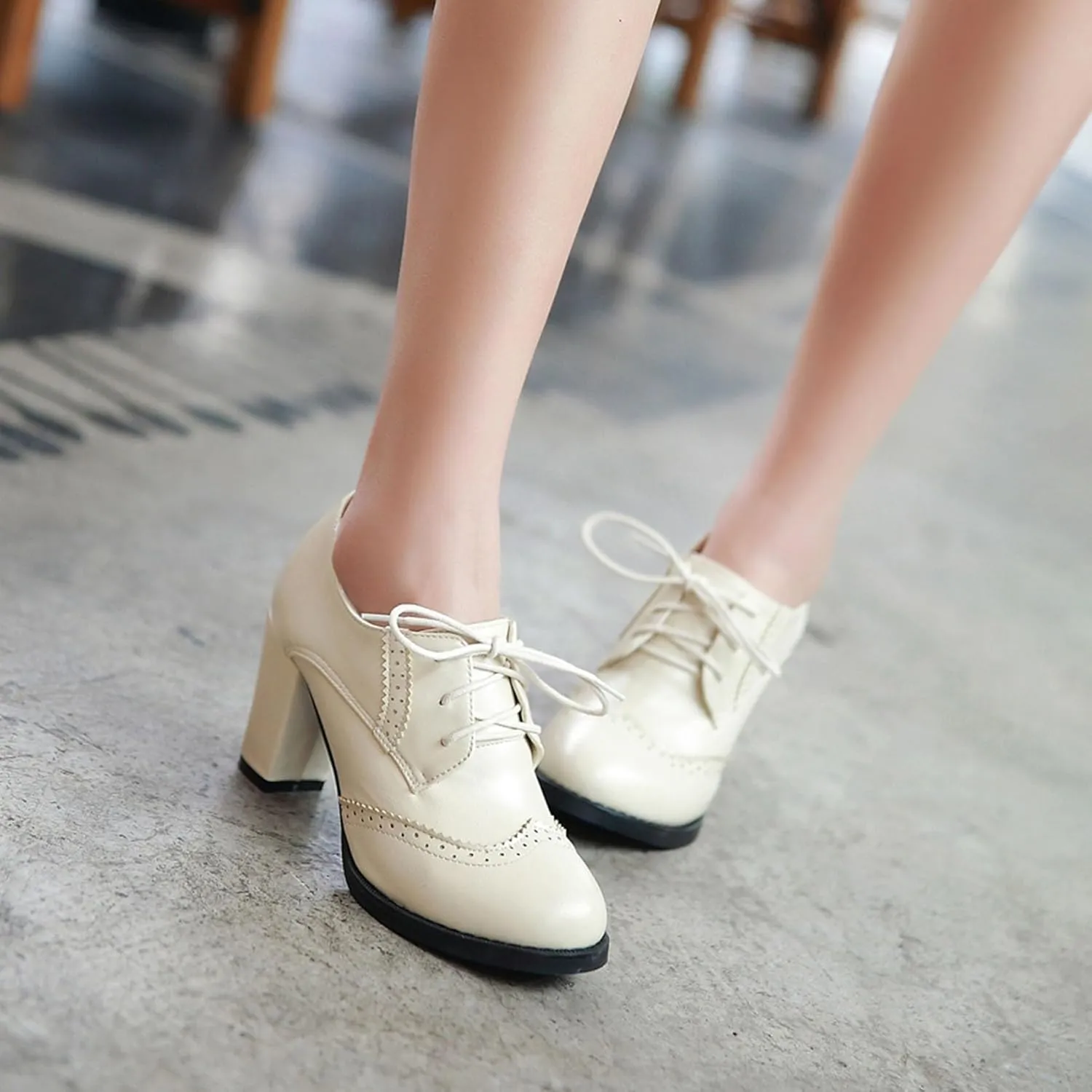 Women's Chunky Block Heels Oxfords Vintage Wingtip Brogues Round Toe Lace-up Pumps High Heeled Booties Dress Shoes