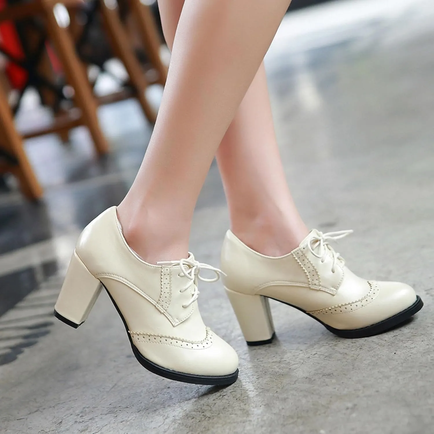 Women's Chunky Block Heels Oxfords Vintage Wingtip Brogues Round Toe Lace-up Pumps High Heeled Booties Dress Shoes