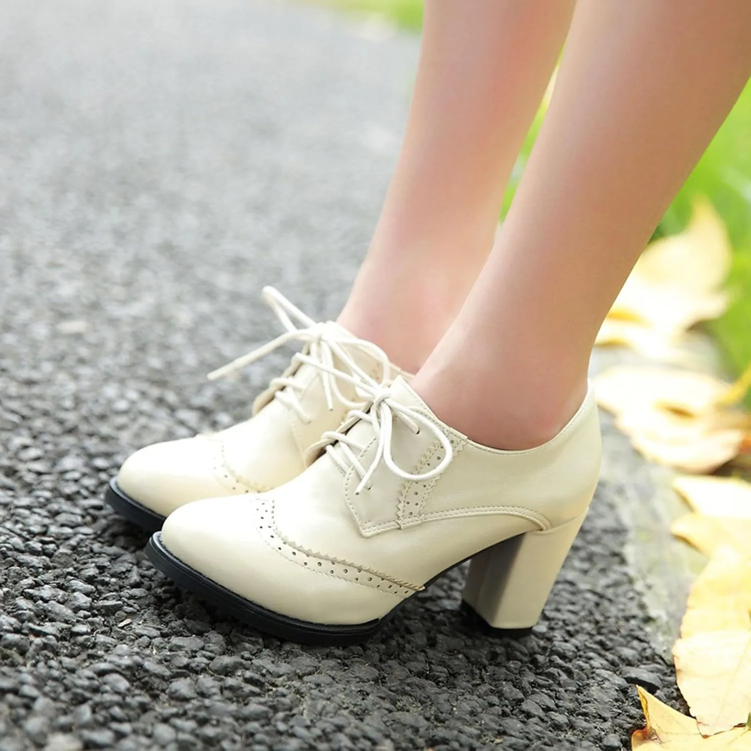 Women's Chunky Block Heels Oxfords Vintage Wingtip Brogues Round Toe Lace-up Pumps High Heeled Booties Dress Shoes