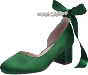 Women's Closed Round Toe Low Chunky Heels Pearls Block Pumps Ankle Strap Wedding Business Dressy Shoes