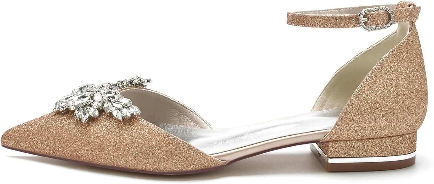 Women's Closed Toe Glitter Satin Wedding Flats Bridal Shoes with Ankle Strap Rhinestone Prom Party Pumps Sandals