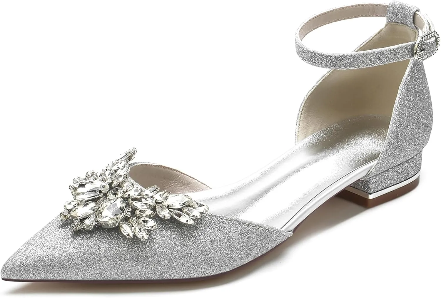 Women's Closed Toe Glitter Satin Wedding Flats Bridal Shoes with Ankle Strap Rhinestone Prom Party Pumps Sandals
