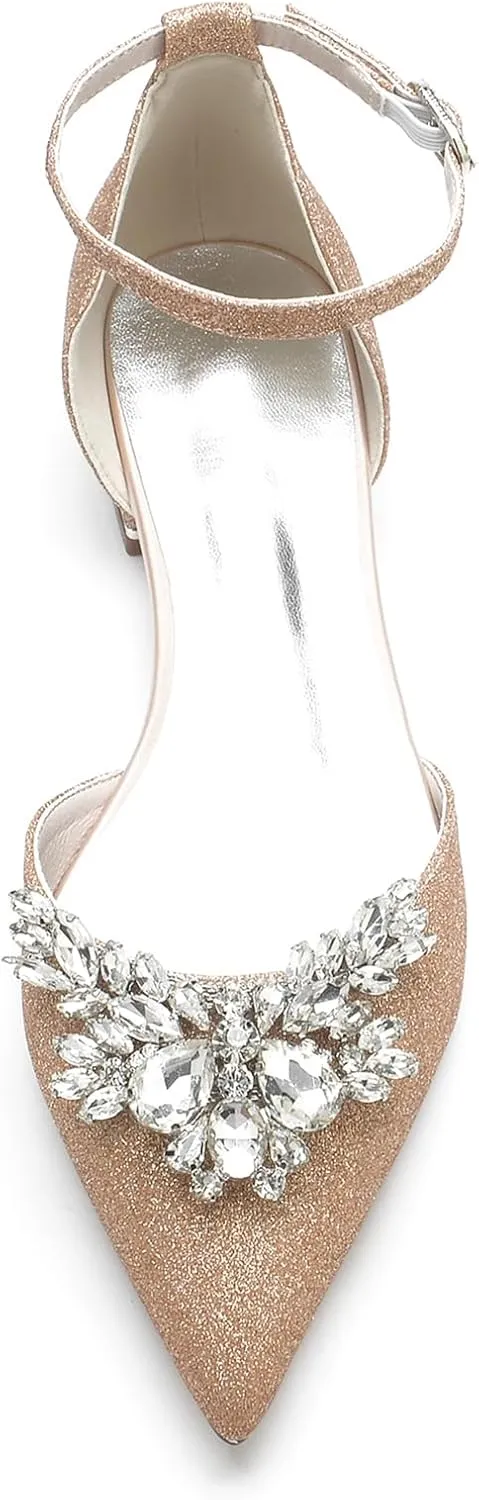 Women's Closed Toe Glitter Satin Wedding Flats Bridal Shoes with Ankle Strap Rhinestone Prom Party Pumps Sandals