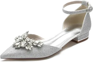 Women's Closed Toe Glitter Satin Wedding Flats Bridal Shoes with Ankle Strap Rhinestone Prom Party Pumps Sandals