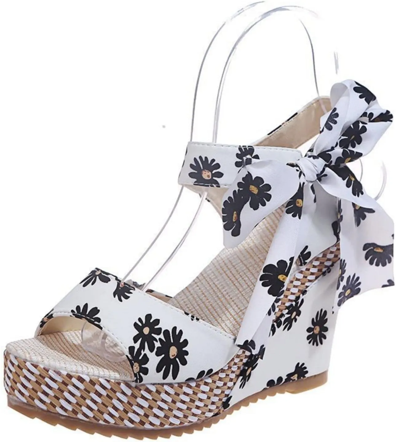 Womens Espadrille Wedges Sandals Heels Open Toe Tie Lace Up Platform Ankle Strap Summer Dress Shoes, Elegant Floral Classic Bowknot Wedge Sandals
