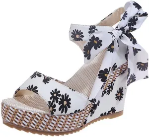 Womens Espadrille Wedges Sandals Heels Open Toe Tie Lace Up Platform Ankle Strap Summer Dress Shoes, Elegant Floral Classic Bowknot Wedge Sandals