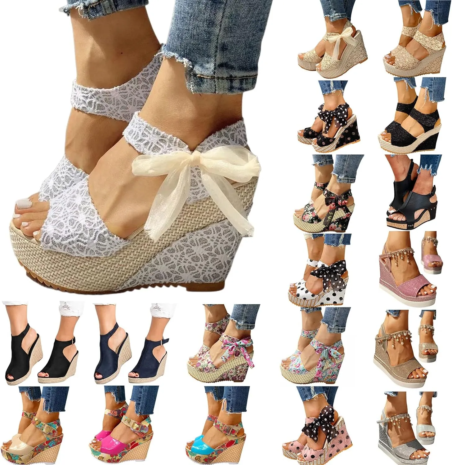 Womens Espadrille Wedges Sandals Heels Open Toe Tie Lace Up Platform Ankle Strap Summer Dress Shoes, Elegant Floral Classic Bowknot Wedge Sandals