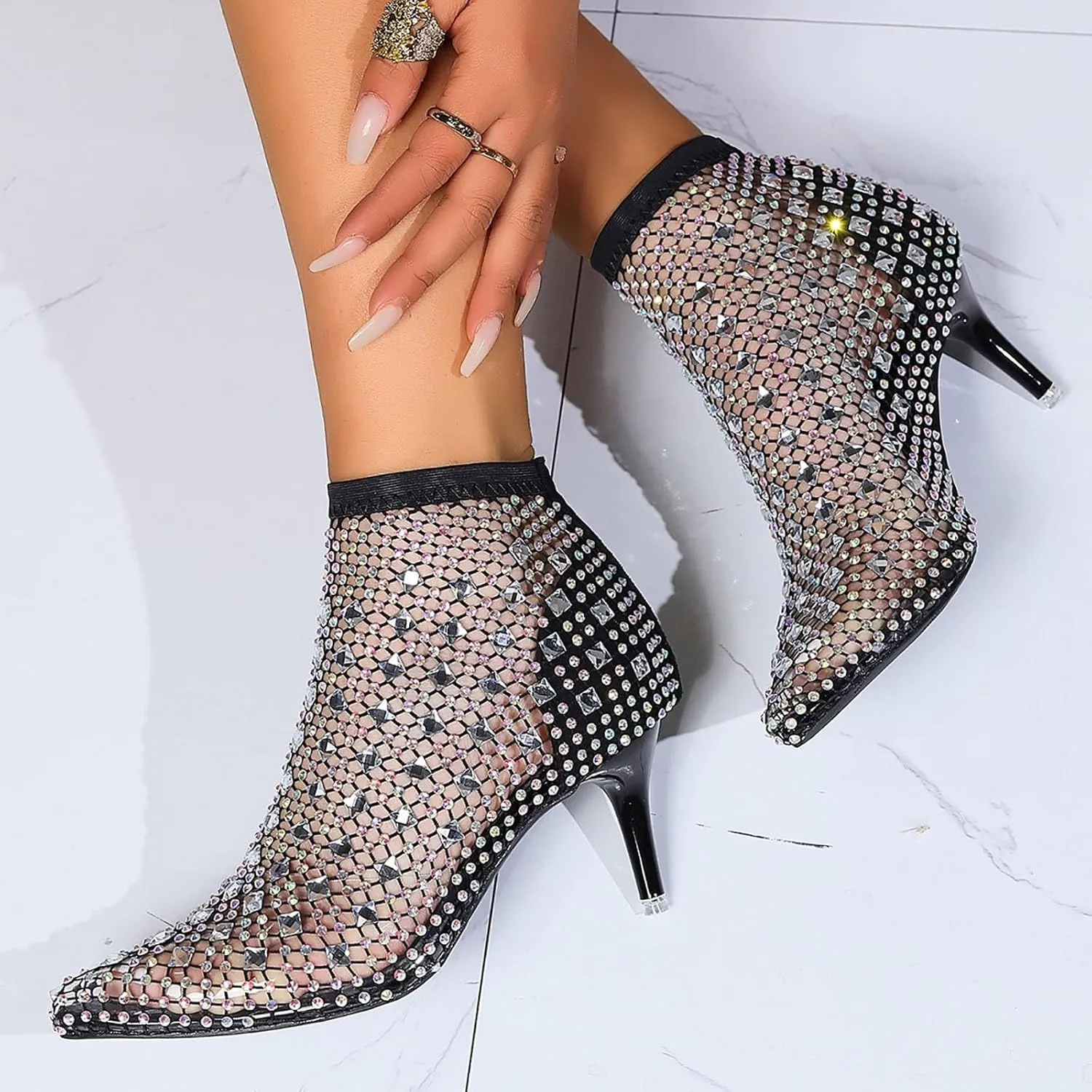 Women's Fishnet Single Shoes High Heel Sandals Pointed Toe Stiletto Fishnet Stockings Hollow High Boots Women
