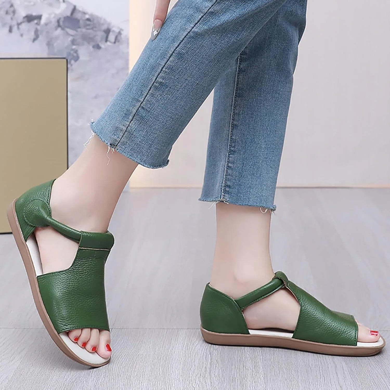 Women's Genuine Leather Round Open Toe Flat Roman Sandals Fashion Hook and Loop Casual Platforms Fisherman Sandals Comfort Softsole Non-Slip Beach Walking Sandal Shoes